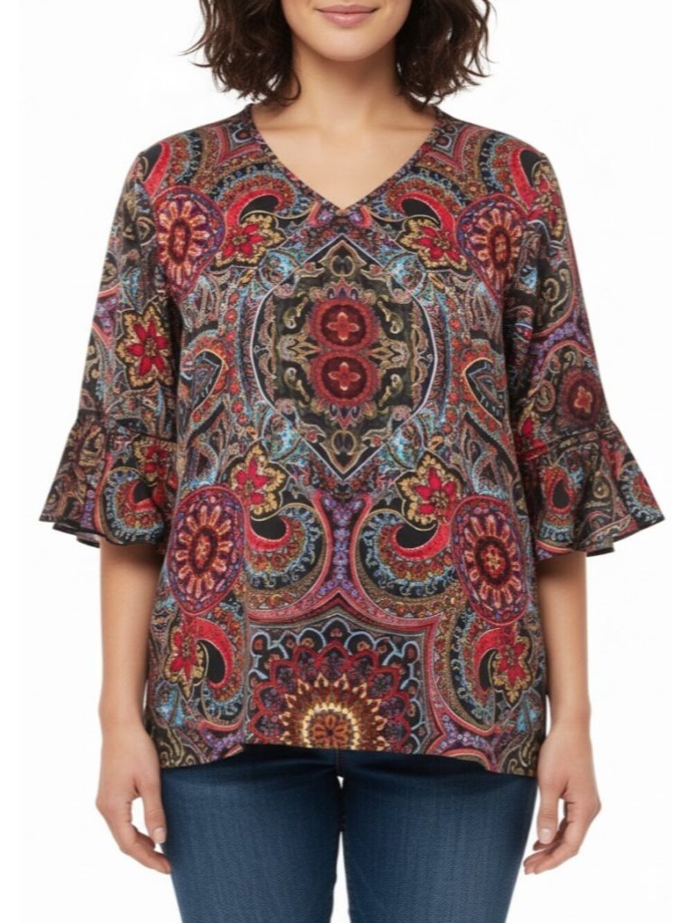 Boho Paisley Floral V-Neck Blouse XL Red Blue Ruffle Bell Sleeve Women's Top NEW